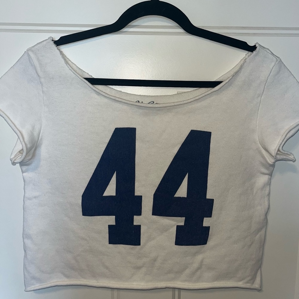 John Galt White/Blue Bonnie 44 Off-The-Shoulder Crop Top. “One size fits all”